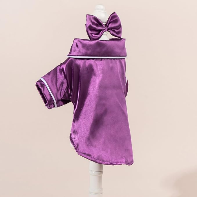 Cat Puppy Costume Elegant Satin Pajamas with Bow Headband 2PCs Set Pet Sleepwear Cute Pet Outfit Cosplay Partywear Photoshoots (Purple Set,X-Small)