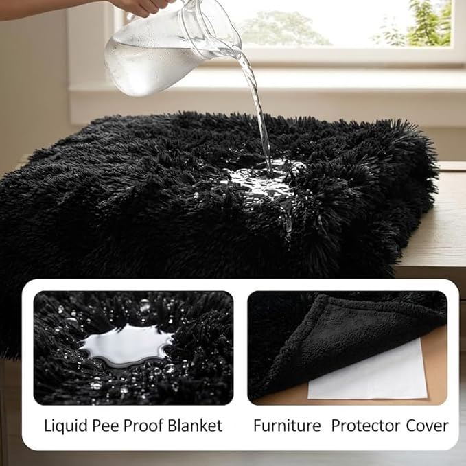 Black Fluffy Waterproof Caling Blanket for Big Dogs Fuzzy Long Faux Fur Pet Blankets for King Size Bed Covers (Black,XL-85x57in)