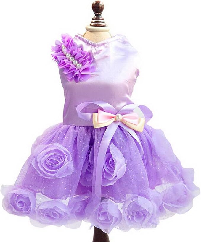 SMALLLEE_LUCKY_STORE Pet Small Dog Wedding Dress with Bowknot Birthday Party Costume Satin Rose Pearls Girl Formal Dress Cat Tutu Purple Violet XXL