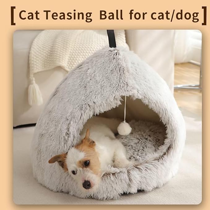 Hezotco Large Cat Cave Bed for Cats, Soft Fluff Indoor Dog Cave Bed& Cat Cave for Small Dogs. Pet Cave for Puppy with Cat Teasing Ball 22.8"*18.5"*22.8"(Coffee+White)