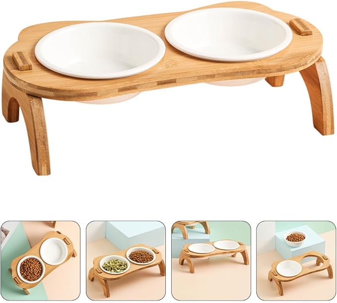 FRCOLOR Elevated Ceramic Cat Bowl Double Set with High Base and Wooden Stand, Orthopedic Tilted Pet Feeding and Drinking Bowls for Cats, Spine Protection Design for Indoor Use