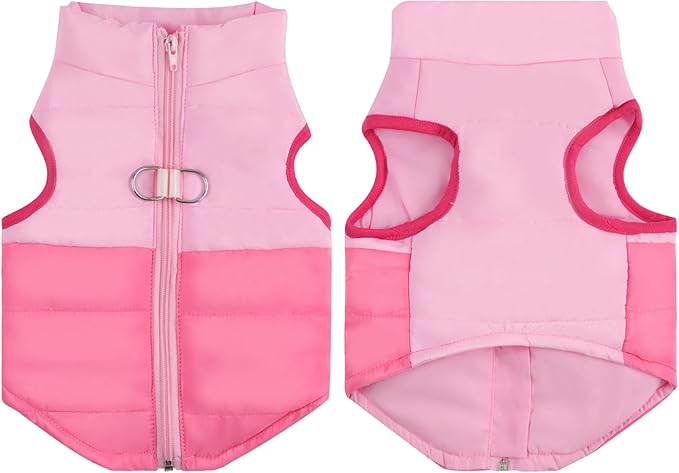 Winter Dog Coat with Leash Ring, Warm Jackets Puppy Cold Weather Coats Pet Clothes Cat Outfits for Small Dogs (Pink+Rosered, Medium)