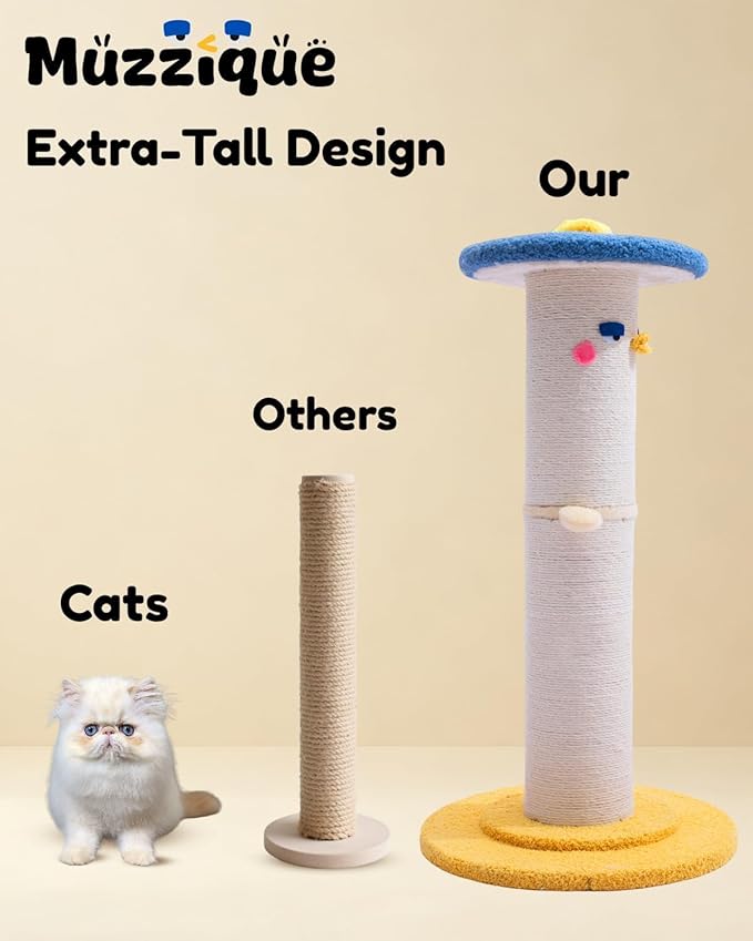 Cute Cat Scratching Post, 31 inch Very Tall Thicker Scratch Post w/Perch Bed, Full Strectch for Indoor Cats, Adult/Kitten/Kitty Sisal Rope Scratcher, Large Play Toy Stand, Adjustable Height Furniture