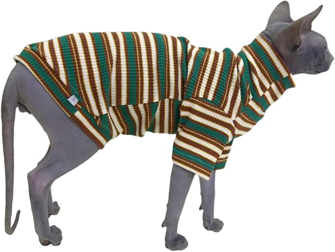 Turtle Neck Vintage Stripes Sphynx Hairless Cat Cotton T-Shirts Pet Clothes Vest Kitten Shirts Sleeveless, Cats & Small Dogs Apparel (Marsh, M (5-6.5 lbs))