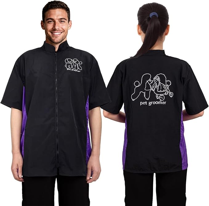 Noverlife Short Sleeves Pet Grooming Workwear with Full Zipper, XL Size, Anti-Static Pet Beautician Smock, Lightweight Cosmetologist Uniforms Grooming Jacket for Men Women, Washable Hairdresser Apron
