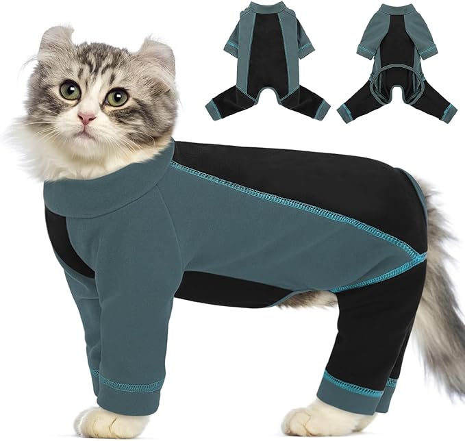 Hair Sticky Cat Clothes, Cat Sweater for Cats Only, 4-Legged Fleece Sweaters Kitten Pajamas Reduce Shedding Fur, Warm Pullover Shirts for Cats, Green L