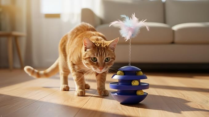 Interactive Cat Toy, Automatic Spinning Cat Toy for Indoor Cats, Engaging Kitten Toy with Feather for Exercise & Mental Stimulation, 3-Layer Cat Ball Track Durable Safe Toy to Reduce Boredom(Blue)