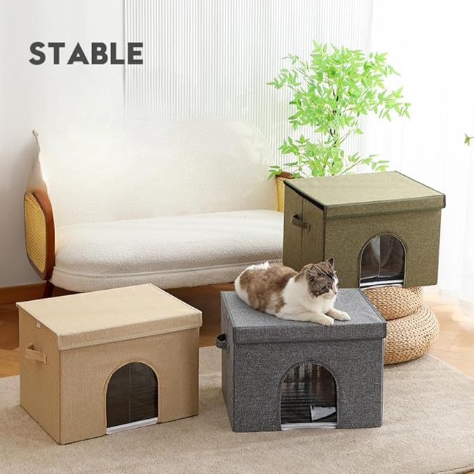 Large Collapsible Coconut Brown Pet House for Indoor Cats and Medium/Small Dogs with Plush Ball Toy – Foldable Living Room Ottoman Cat Condo(Green)