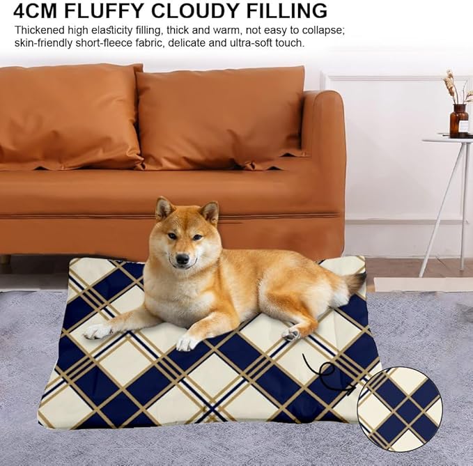 Beige Blue Plaid Dog Bed Crate Pad Non Slip Bottom Non Slip Plush Dog Bed Cozy Soft Beds for Car Pet Friendly Furniture Printed Cat Beds Gift Tough 24× 18 Inch Indoor Outdoor