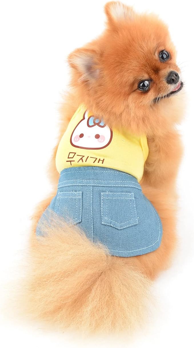 PAIDEFUL Small Girls Dog Denim Dress Spring Summer Sundress Cartoon Patch Soft Comfortable Puppy Clothes Cute Sleeveless Pullover Cats Costume Birthday Party, Yellow, XS