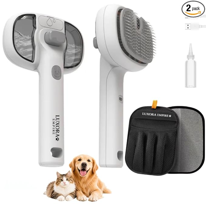 2-Piece Pet Grooming Set - 3-in-1 Self-Cleaning Steam Brush & Deshedding Glove for Dogs & Cats - Cool Mist Grooming Brush for Shedding, Massage & Cleaning