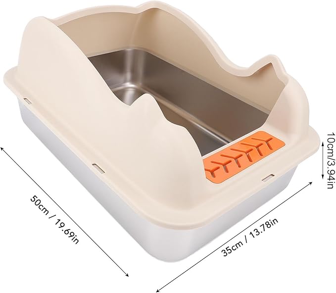 Large Stainless Steel Cat Litter Box with Lid | Easy to Clean, Anti Splash Design, High Sides for Less Mess (Khaki)