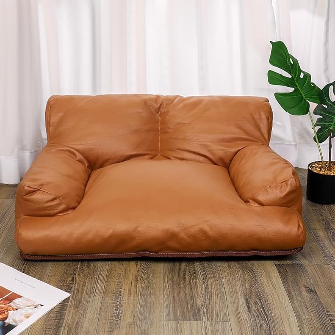 Dog Cat Sofa and Chair PU Leather, Couch Soft Calming Bed for Medium Small Cats and Dogs, Pet Furniture (Coffee, Medium)