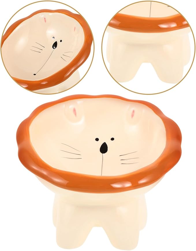 Luxshiny Ceramic Elevated Cat Food Bowl with Tilted Design Large Wide Mouth Cartoon Lion Pattern Raised Pet Bowl for Indoor Feeding and Watering