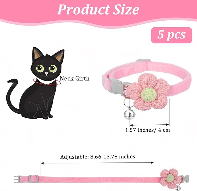 Teaaha 5 Pack Cute Cotton Kitten Collar with Bell, Safety Buckle Flower Cat Collars Breakaway for Boy Girl Cats, Soft Kitty Bells Collar Adjustable from 8.7 to 13.7 Inches(5 Color)