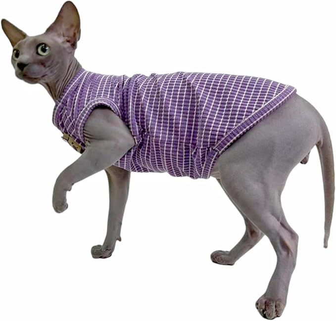 Sphynx Cat Clothes Vest for Hairless Cat, Rib Knit Stripe Cats T-Shirt Apparel, Kitten Summer Cotton Shirts Sleeveless for Cornish Rex, Devon Rex, Peterbald (Purple, M (5.5-7.2 lbs))