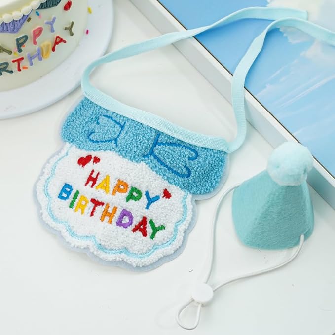Pet Birthday Party Set, Adjustable Hat and Bandana with Happy Birthday Text, 2-Piece Celebration Accessories for Cats and Dogs (Blue)