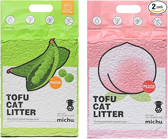 Michu Tofu Cat Litter Natural Clumping Tofu Cat Litter, Fast Clumping and Easily Scoop-able 5.5lb/88oz 5 Scents - Original + Peach, 2 Pack