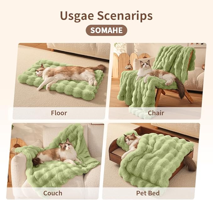 SOMAHE Cat Blanket, Reversible Sherpa & Bubble Fleece Pet Throw, Ultra-Soft Plush for Indoor Cats, Machine Washable, Anti-Static, Warm & Cozy, 22"×18" Inch Green