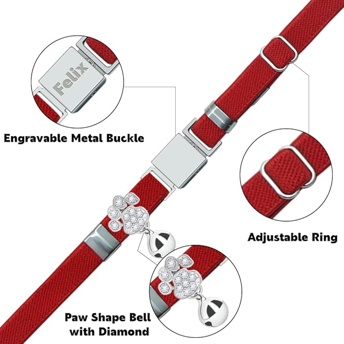 Personalized Safety Elastic Cat Collars with Bell,Laser Customized Stretch Kitten Collars for Girls Boys Cats-Red