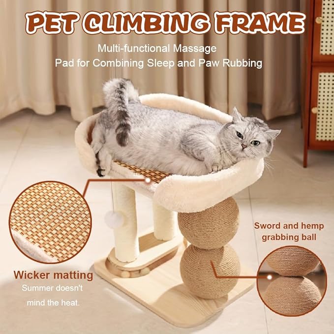 Modern Solid Wood Pet Cat Climbing Tree Tower with Sisal Ball Cooling Mat Cat Scratching Posts Wear Resist Integrated Sisal Bed Pet Climbing Frame Indoor for Summer (16.38X15.21X11.31 inch)