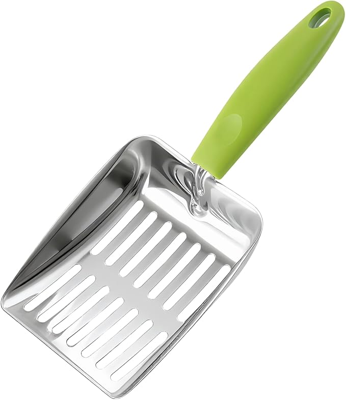 Cat Litter Shovel, Green, 430 Stainless Steel Metal Scooper with 5 Mm Fine Holes, 10.2 X 5.2 X 1.2 in, Non-Slip Pp Handle for Easy Cleaning & Storage