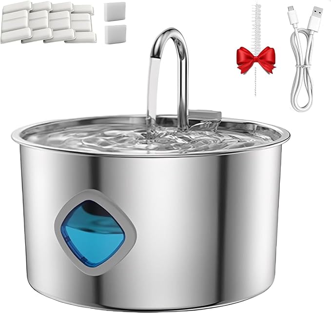 Cat Water Fountain Stainless Steel,Water Fountain for Cats,Silent Pump,Pets Feeding & Watering Supplies,3.2L / 108oz with Water Window