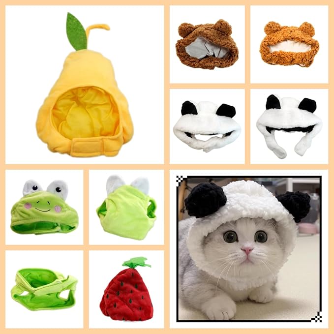 5 Pieces Cat Hat Adorable Cat Costume Outfit Bunny Hat with Ears Funny Mane Hat for Cats and Small Dogs Party Costume Accessory Headwear (Brown Bear-White Bear-Frog-Pear-Watermelon)-Not for Children