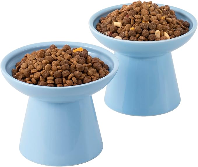 CEEFU Extra Wide Elevated Ceramic Cat Bowl, 6.2" Shallow Dish for Whisker Fatigue Relief, 5" Height for Easy Feeding, Durable Raised Cat Food Bowls, Pack of 2, Blue