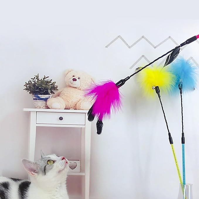 IUHKBH Cat Feather Wands, 3 Colors Soft Turkey Feather Teaser Wands Interactive Unbreakable Kitten Wands Fun Kitty Toy for Indoor Cats Play Exercise