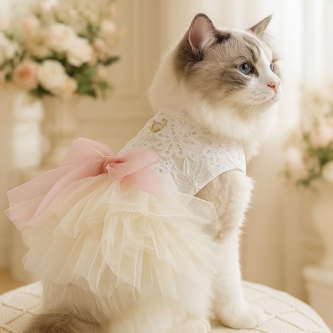 Dog and Cat Girl Bow Dress, White Dog D-Ring Wedding Dress with Pink Bow, Cat Birthday Set, Chihuahua York Pomeranian Cat Pet Party Dress (Pink Bow-Princess, X-Small)