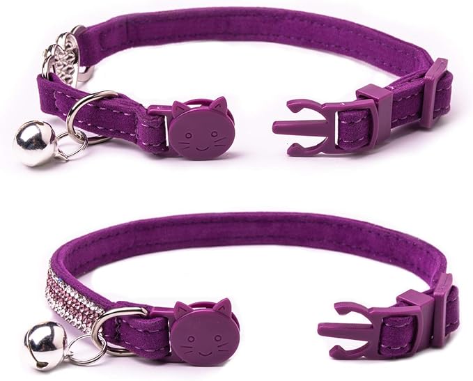 BoomBone Rhinestone Cat Breakaway Collar Pack of 2 Purple Kitten Collars with Bell