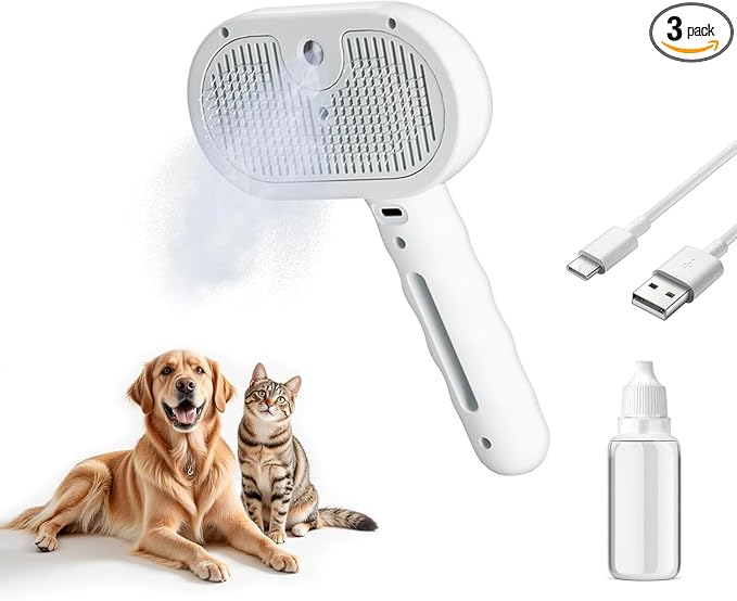 Pet Steam Brush for Dog and Cat，3 in 1 Spray Hair Removal Comb，Steam for Shedding & Grooming，Water Brush for Long and Short Haired Pets Remove Tangled Loose Hairs (White)