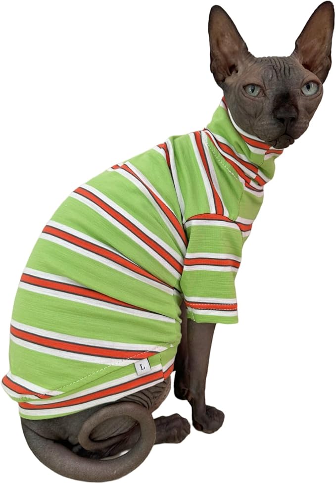 Vintage Stripes Sphynx Hairless Cats Shirt Cotton Cat Turtleneck Pet Clothes Kitten T-Shirts with Sleeves for Sphynx Cornish Rex, Devon Rex, Peterbald (Orange & Green, Medium (Pack of 1))