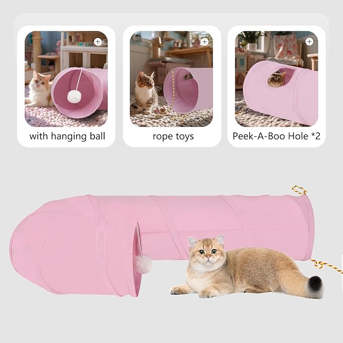 Cat Tunnel, 2-Way Collapsible Cat Tube with Interactive Peek-A-Boo Hole, Toy Ball, and Rope – Ideal for Indoor Cats, Kittens, and Rabbits (Pink)