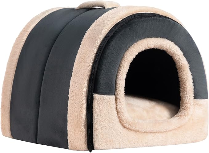 Hollypet Cat Bed Self-Warming 2 in 1 Foldable Kitty Cave Hut House Nest Pet Sleeping Bed, Crystal Velvet Pet Condo for Indoor Cats, Dark Gray Arched Cave