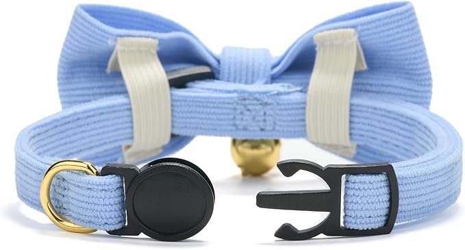 Soft Corduroy Cat Collar with Bell and Bowtie, Safety Breakaway Clasp, Adjustable for Kitten and Cats Blue Color.