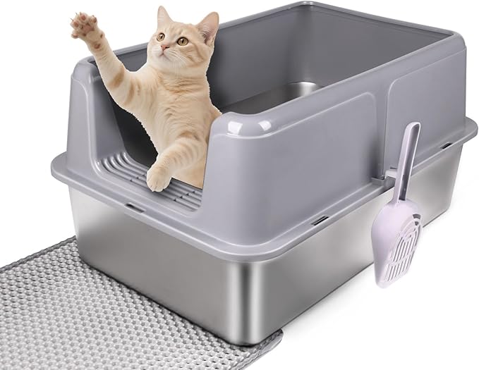 Stainless Steel Cat Litter Box with Lid - XL Extra Large Enclosed Metal Litter Pan for Big Cats, High Sided Non-Stick Odor Resistant Anti-Urine Leakage, Easy Clean with Scoop & Mat, Gray