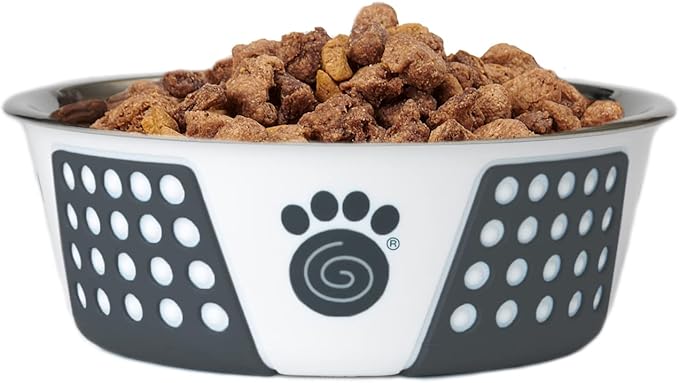PetRageous 15001 Fiji Stainless Steel Non-Slip Dishwasher-Safe Dog Bowl 3.75-Cup Capacity 6.75-inch Diameter 2.5-inch Tall for Medium and Large Dogs, White and Slate Blue