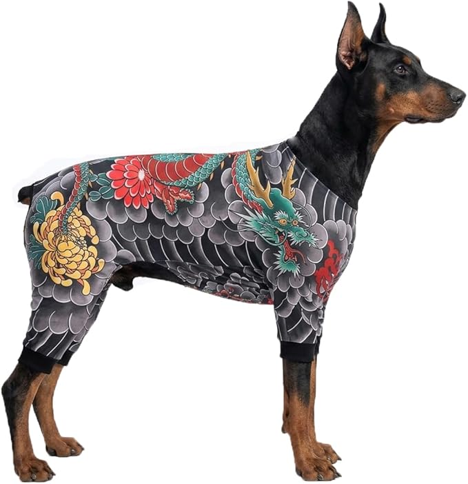 Dog Tattoo Bodysuit, Soft Stretch Pet Jumpsuit for Dogs & Cats, Breathable Tattoo Print Outfit for Photos, Parties, Daily Wear & Shedding Control (10XL)