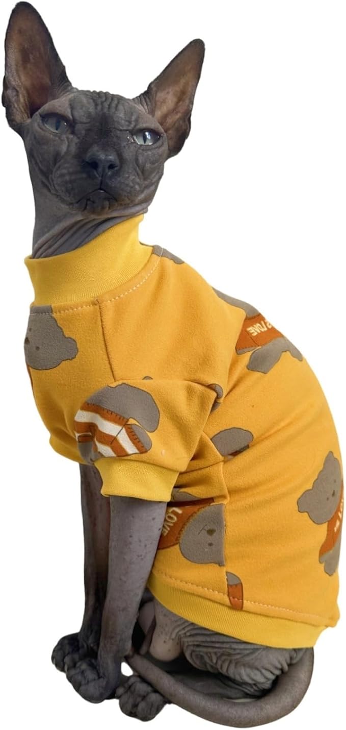 Limited Edition Sphynx Cat T-Shirts Elastic Hairless Cat Sweatshirt Pet Kitten Clothes Round Collar Kitten Shirts Vest Cats & Small Dogs Apparel (Bear, S (3.3-4.4 lbs))