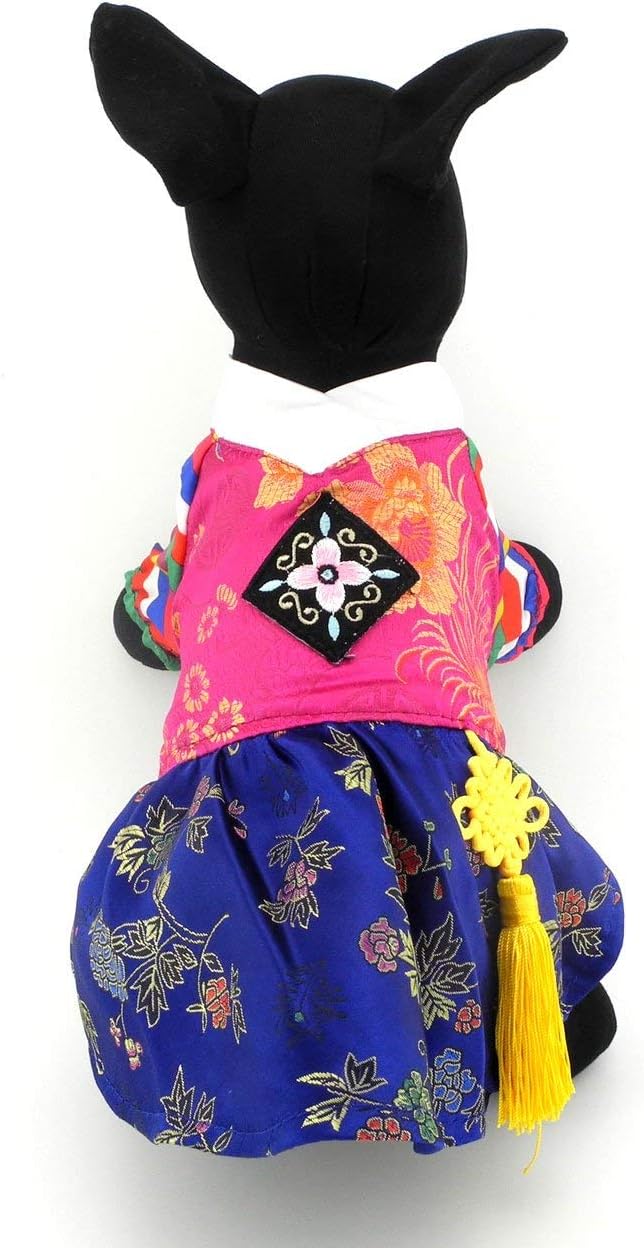 Ethnic Dog Costume Korean Traditional Knot Pendant Norigae Hanbok Embroidery Silk Pet Clothes Outfit Color Dress for Small Puppies Large Cat Apparel Birthday Party Festival Celebration Girl XS