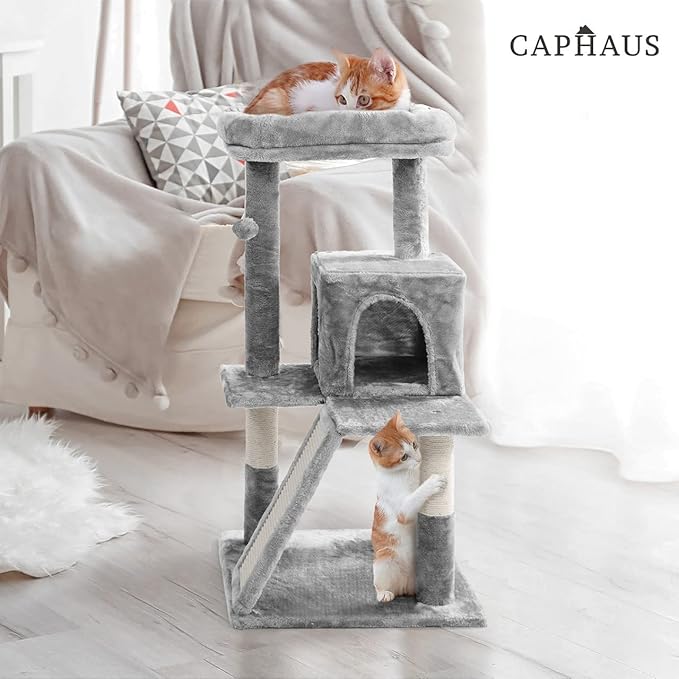 CAPHAUS Cat Tower for Indoor Cats, Modern Cute 37-Inch Small Cat Tree with Widened Perch for Large Cats Kittens, Multi-Level Cat Activity Tree with Scratching Posts and Ramp, 2-Door Cat Cave Condo