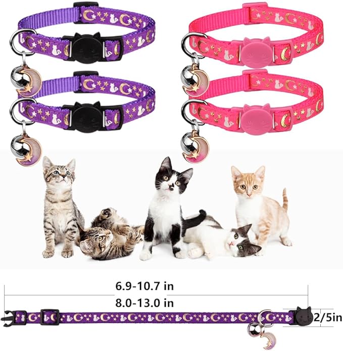 4PCS Cat Collar with Bells,Breakaway Cat Collars,Moons Stars Cute Kitty Adjustable Safe Kitten Collars Pendant Glow in The Dark,Cat Collars for Girl Cats 8.0-13.0 Inch(2 Purple & 2 Pink)