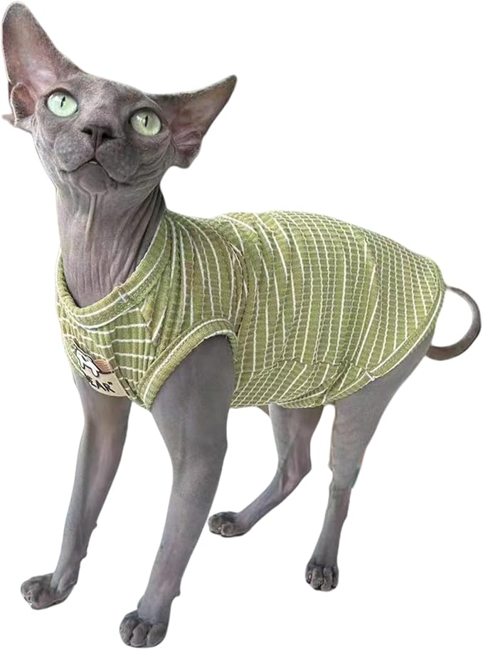 Sphynx Cat Clothes Vest for Hairless Cat, Rib Knit Stripe Cats T-Shirt Apparel, Kitten Summer Cotton Shirts Sleeveless for Cornish Rex, Devon Rex, Peterbald (Green, S (3.5-5 lbs))