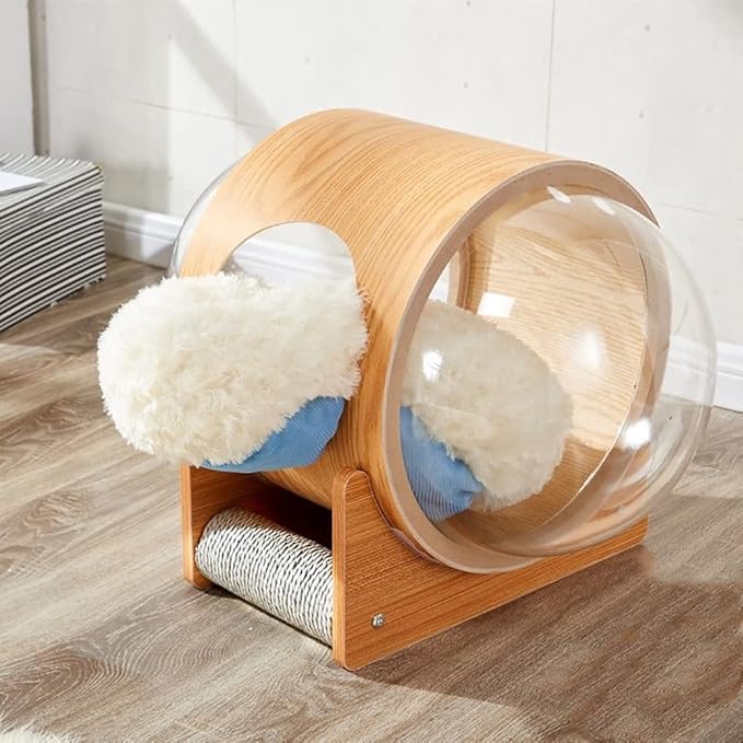 Space Capsule Cat House: Bed with Scratching Post & Removable Cushion - Cats Nest & Kennel Wooden Furniture - Large & Small Cats Indoor
