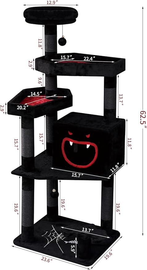 YARUOMY Gothic Cat Tree with Coffin Bed，62.5" Black Cat Tower with Spacious Demon Styled Cat Condo，Cozy Plush Perch, Scratching Posts，Hanging Ball，Multi-Level Cat Activities Furniture for Large Cats