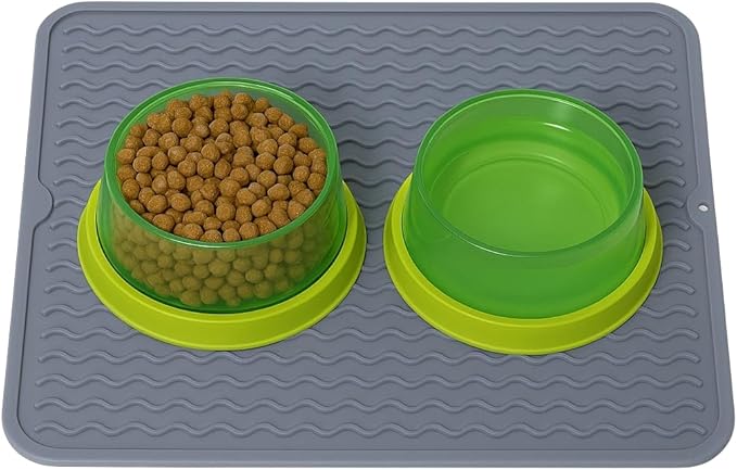Silicone Pet Feeding Mat for Dogs, Cats, Small Animals, Non-Slip Waterproof Food and Water Mat with Raised Edge, BPA-Free Convenient Hook Storage by Dependable Industries (Blue, 12 x 16 inch)