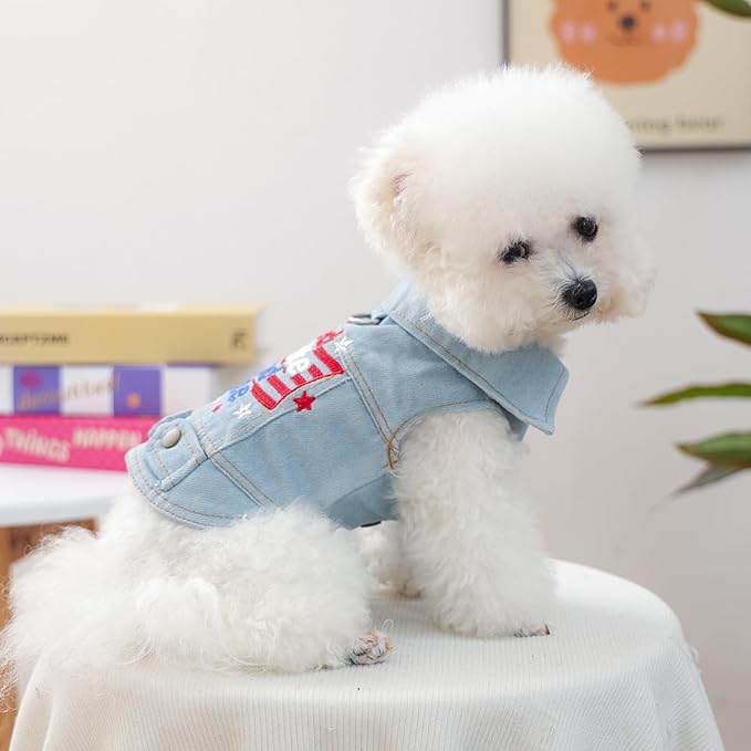 American Flag Denim Dog Vest with D-Ring for Small Dogs – Patriotic Embroidered Puppy Jacket, 4th of July Outfit(XL)
