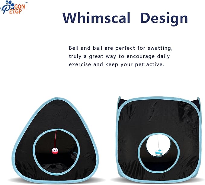 GONPETGP Cat Tunnels for Indoor Cats with Cube Tent Toys Combo, Pop Up Collapsible Crinkle Interactive Peek Hole, Cat Tube with Play Ball and Bell for Kitten, Puppy, Kitty, Rabbit - Set of 3